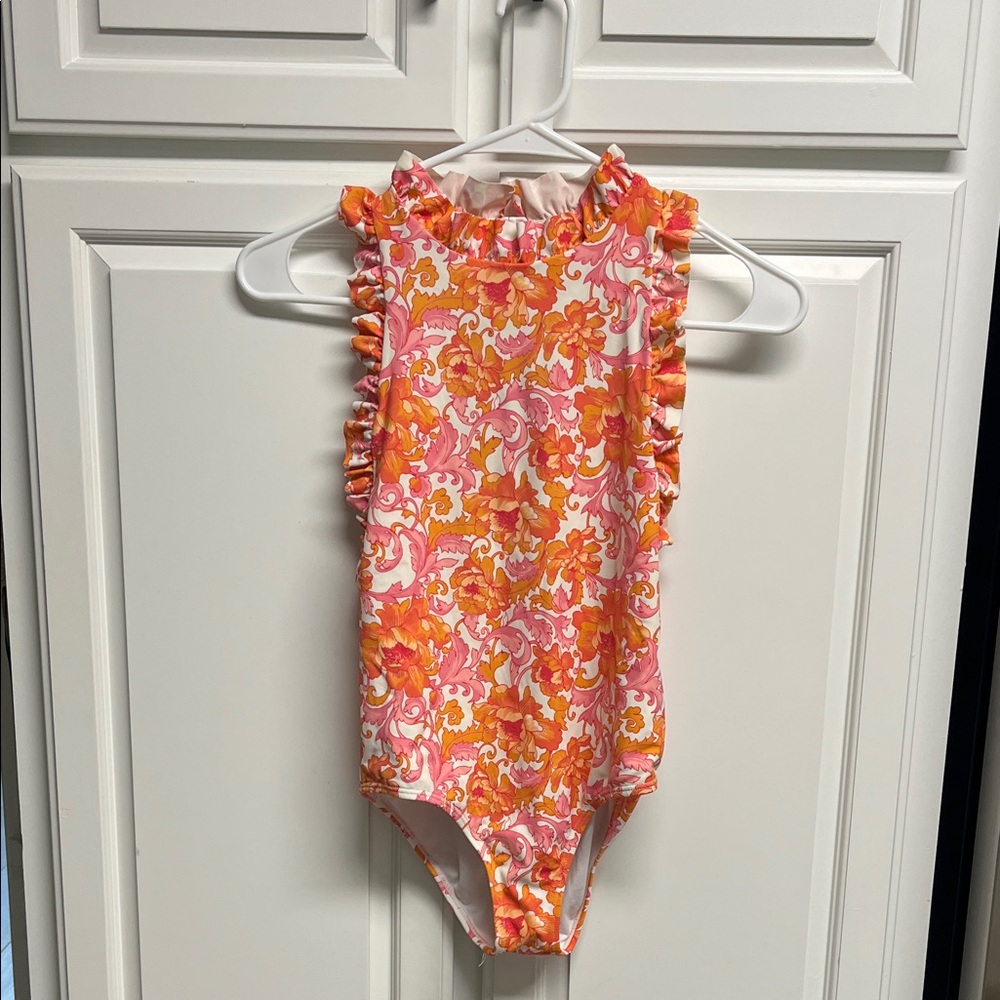 Janie And Jack Floral Ruffle Swimsuit in Pink and Orange